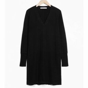 & Other Stories Black Ribbed Longline Tunic V-Neck Wool Sweater w/ Side Slits XS